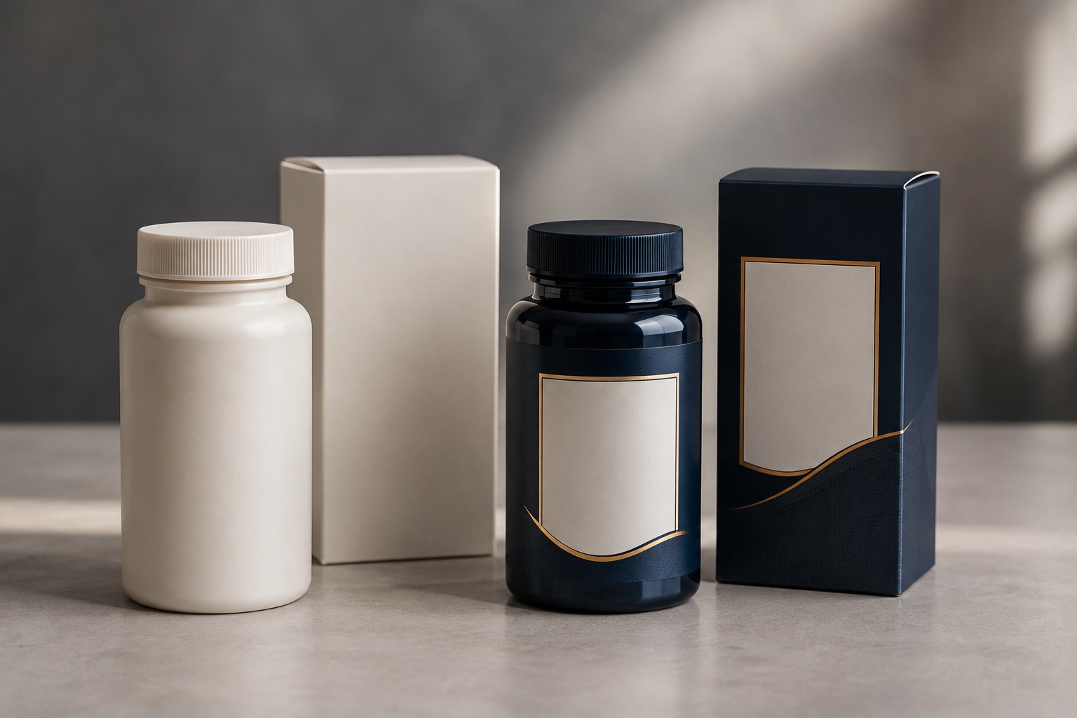 Produto genérico ao lado da versão transformada em marca própria, com rótulo e embalagem personalizados